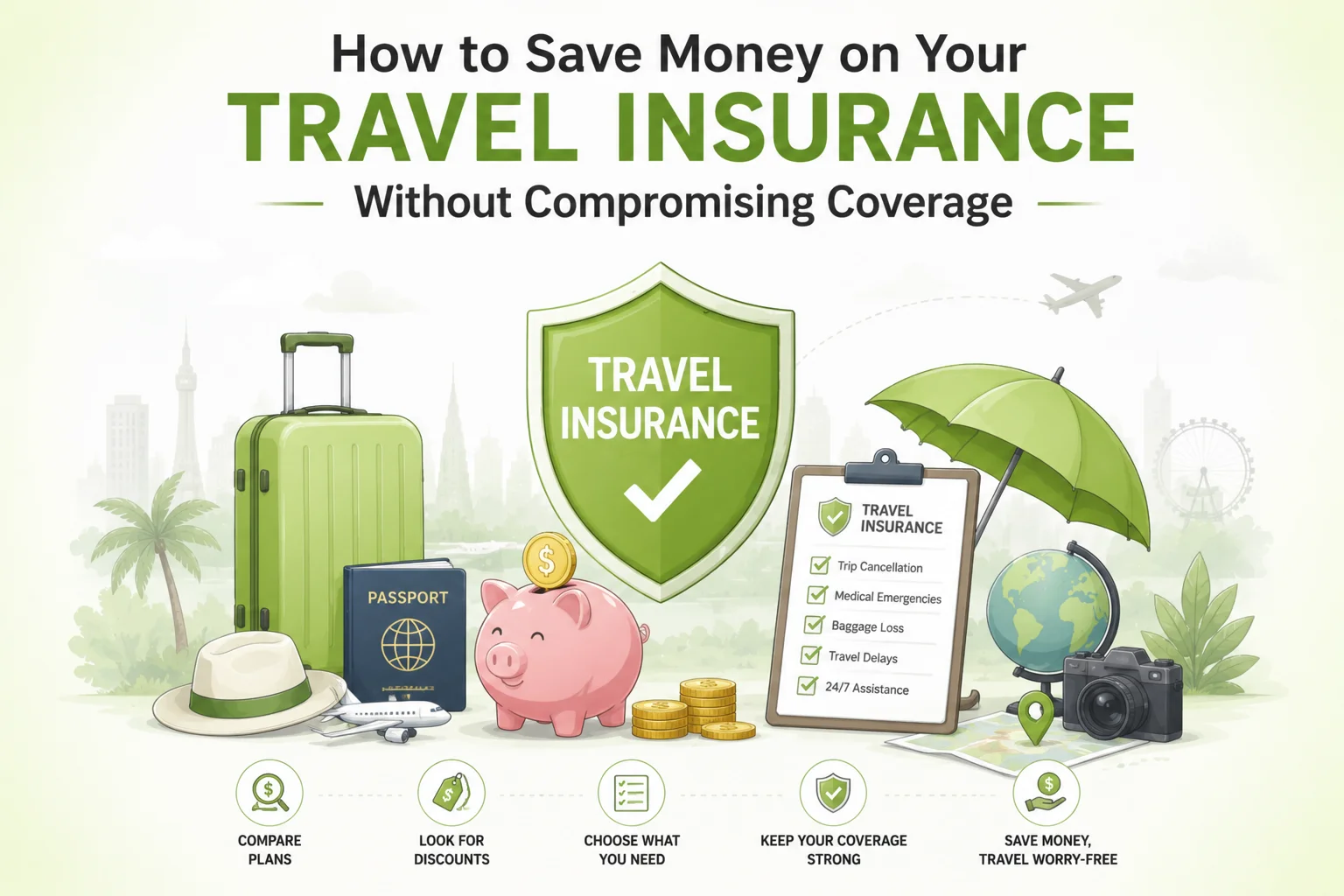 Infographic titled "How to Save Money on Your Travel Insurance Without Compromising Coverage" featuring illustrated travel items including a green suitcase, passport, piggy bank, coins, a travel insurance shield, clipboard checklist showing trip cancellation, medical emergencies, baggage loss, travel delays, and 24/7 assistance, plus five tips at the bottom: Compare Plans, Look for Discounts, Choose What You Need, Keep Your Coverage Strong, and Save Money Travel Worry-Free.