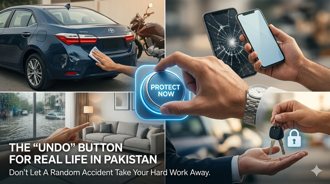 Collage of a dented car, broken phone, flooded home, and car keys showing insurance as a protective "Undo" button.