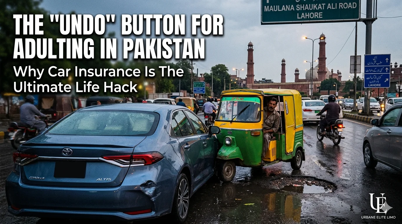 A rickshaw hitting a blue Corolla on a busy Lahore road near Maulana Shaukat Ali Road to show car insurance utility.