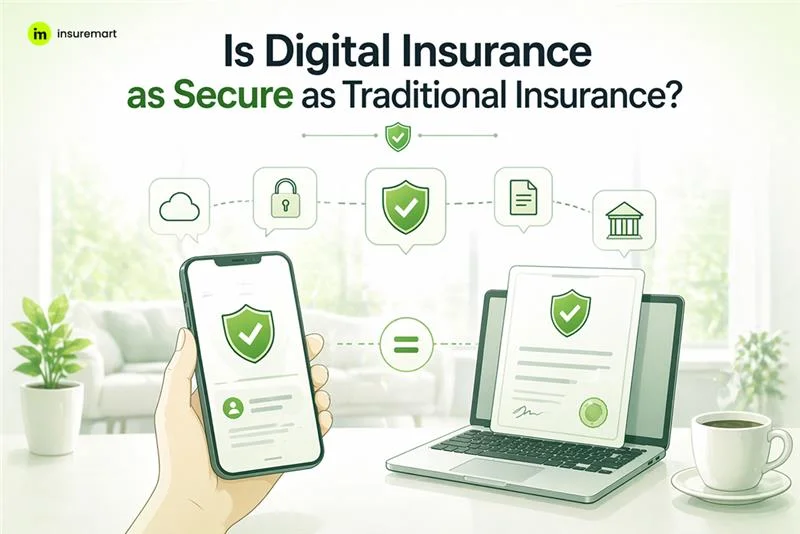 Digital insurance on mobile phone equals traditional insurance on laptop, showing secure online policies with verified digital documents.