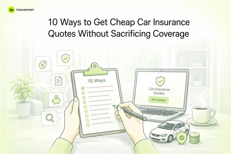 Illustration of a person holding a checklist labeled "10 Ways" with a laptop showing "Car Insurance Quotes" and a car icon, symbolizing tips to get affordable car insurance without losing coverage.
