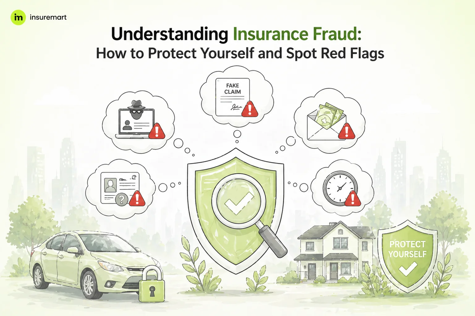 Illustration showing insurance fraud red flags with a car, house, and shield protecting against fake claims and scammers.