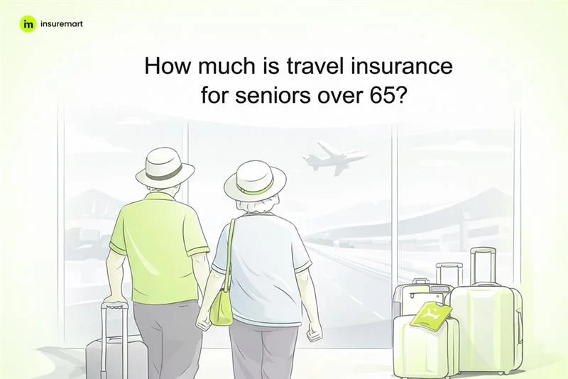 Elderly couple at airport with luggage, looking at a departing airplane – travel insurance for seniors over 65.