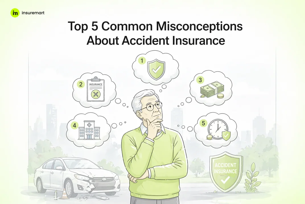 A cinematic high-end image showing floating glass steps leading toward a coastal horizon with a list of 5 common misconceptions about accident insurance.