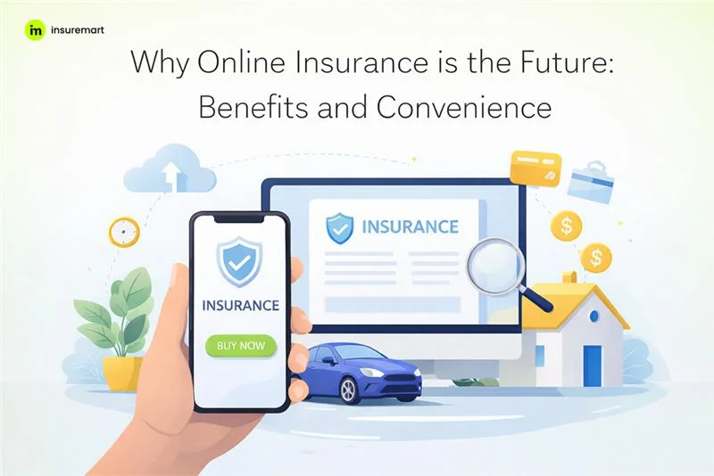 Illustration showing online insurance on mobile and desktop with icons for car, home, and digital payments.